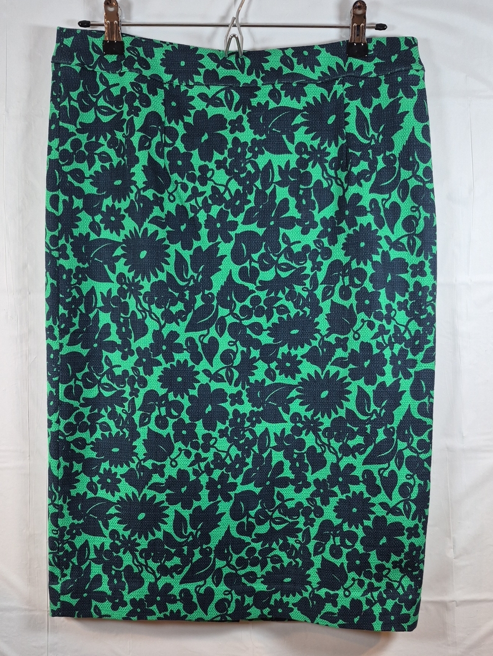 Boden Green with Navy Floral Martha Pencil Skirt US 8L Long Cotton Sateen EUC